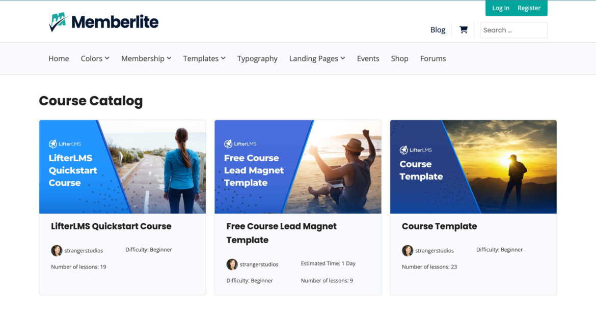 Example screenshot of LifterLMS Course Catalog with the Memberlite Theme