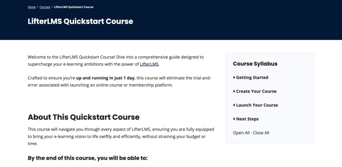 Example screenshot of LifterLMS Quickstart Course with the Memberlite Theme