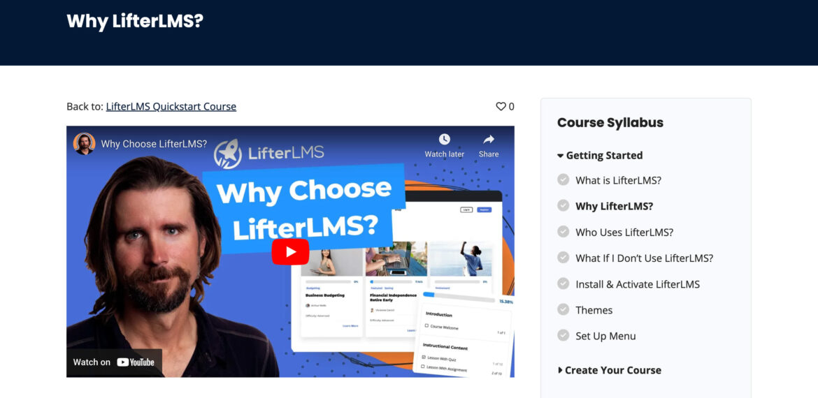 Example screenshot of LifterLMS Quickstart Course example lesson with the Memberlite Theme